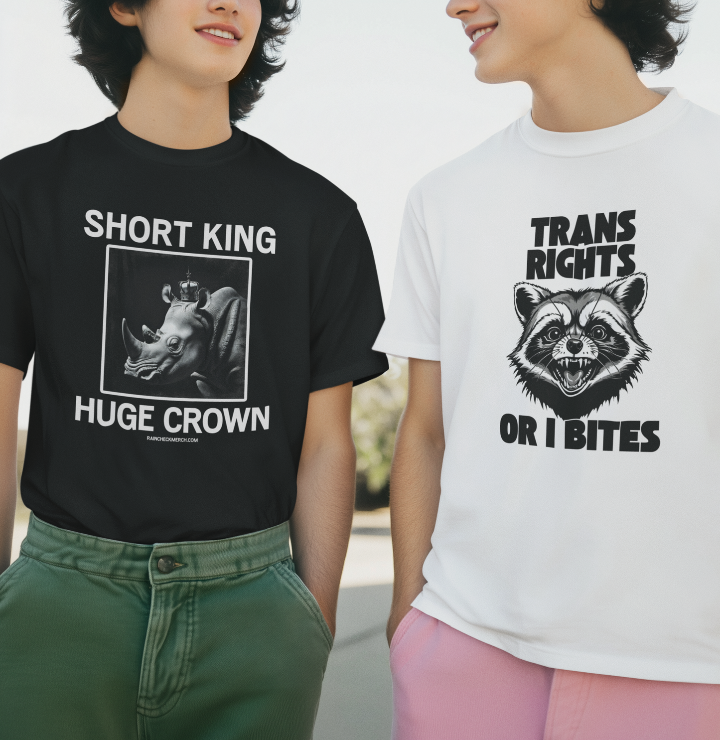 Two friends in trendy tees: one reads 'SHORT KING, HUGE CROWN' ๐ฆ, the other 'TRANS RIGHTS OR I BITES' ๐ฆ. Perfect for bold statements!
